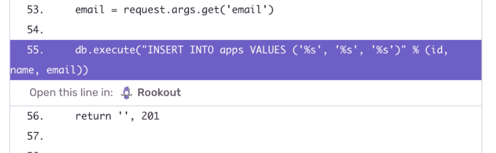 Sentry stack trace showing the Rookout icon on a specific line.